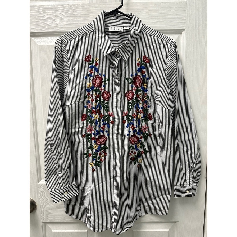 Joan Rivers Long Sleeve Gray Striped Shirt Embroidered Flowers Pockets Medium